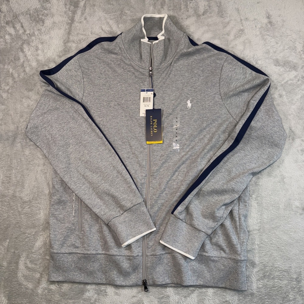 Polo Ralph Lauren Men's Full Zip Gray Sweater Navy Stripes Size XL